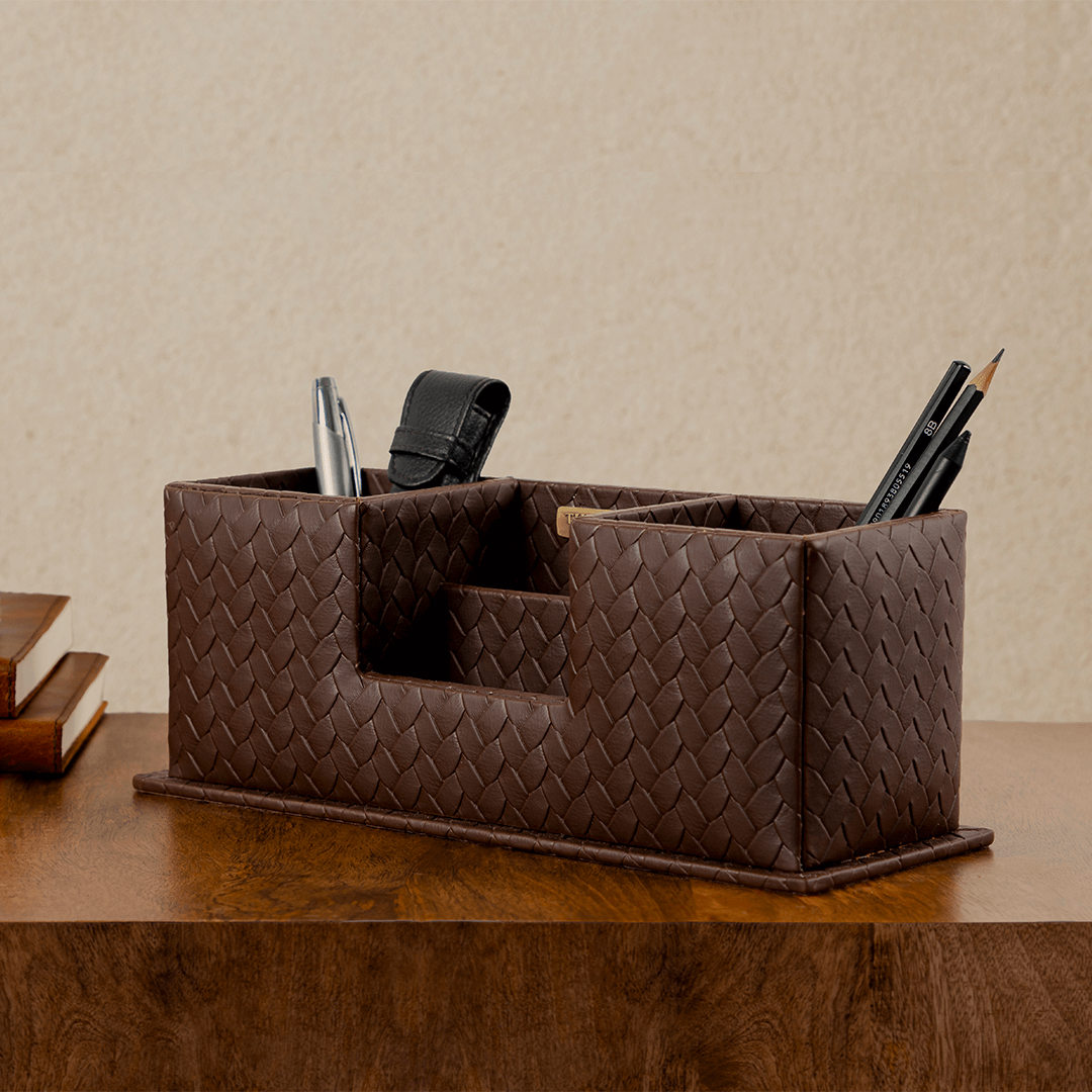 Entwine Desk Caddy Brown | Faux Leather Desk Organizers