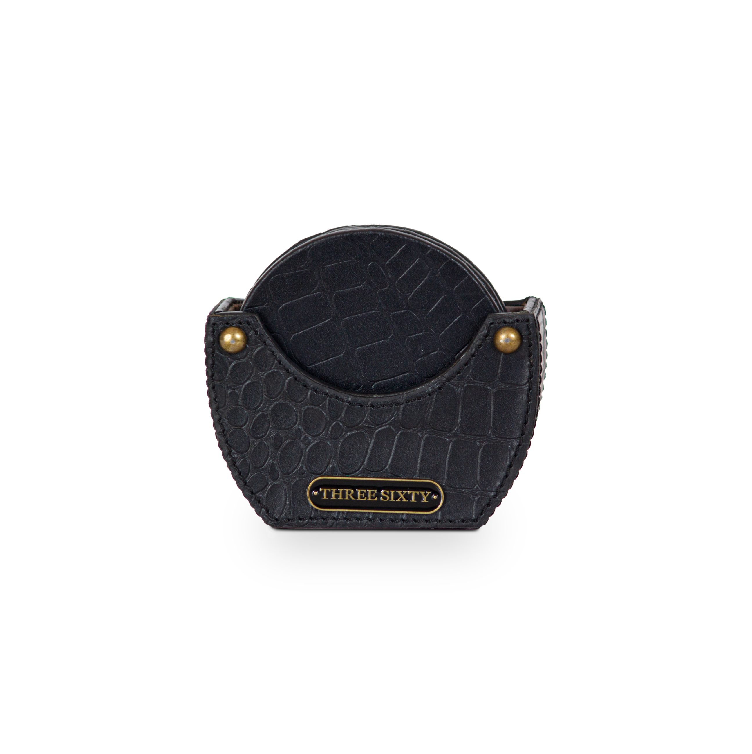 Eden Black Round Coaster Set of 4 In Genuine Croco Leather