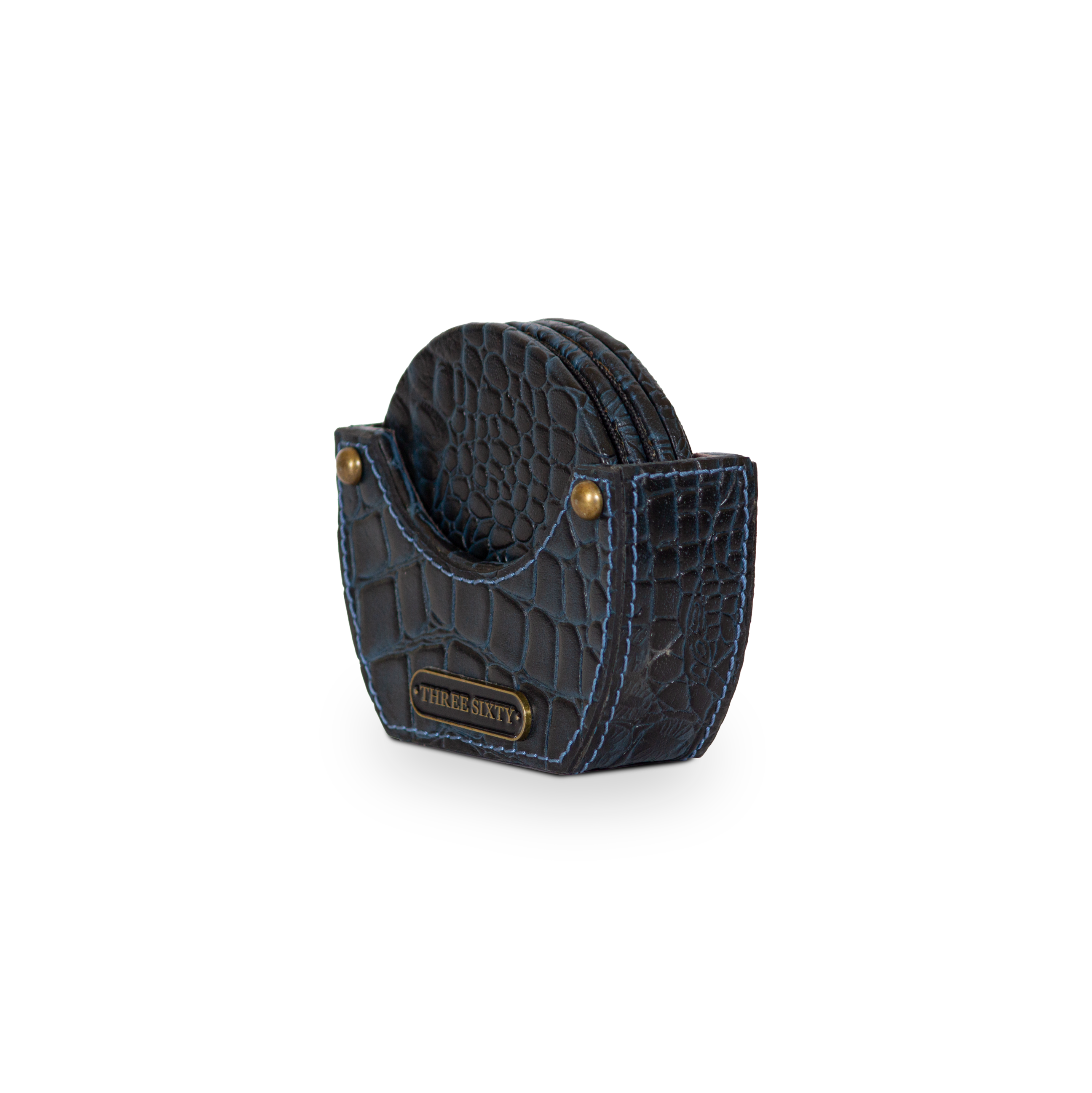 Eden Black Round Coaster Set of 4 In Genuine Croco Leather
