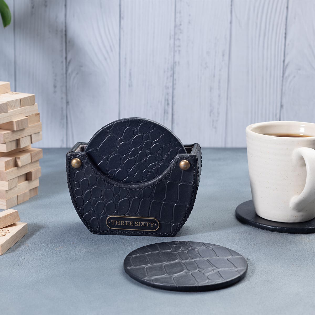 Eden Black Round Coaster Set of 4 In Genuine Croco Leather