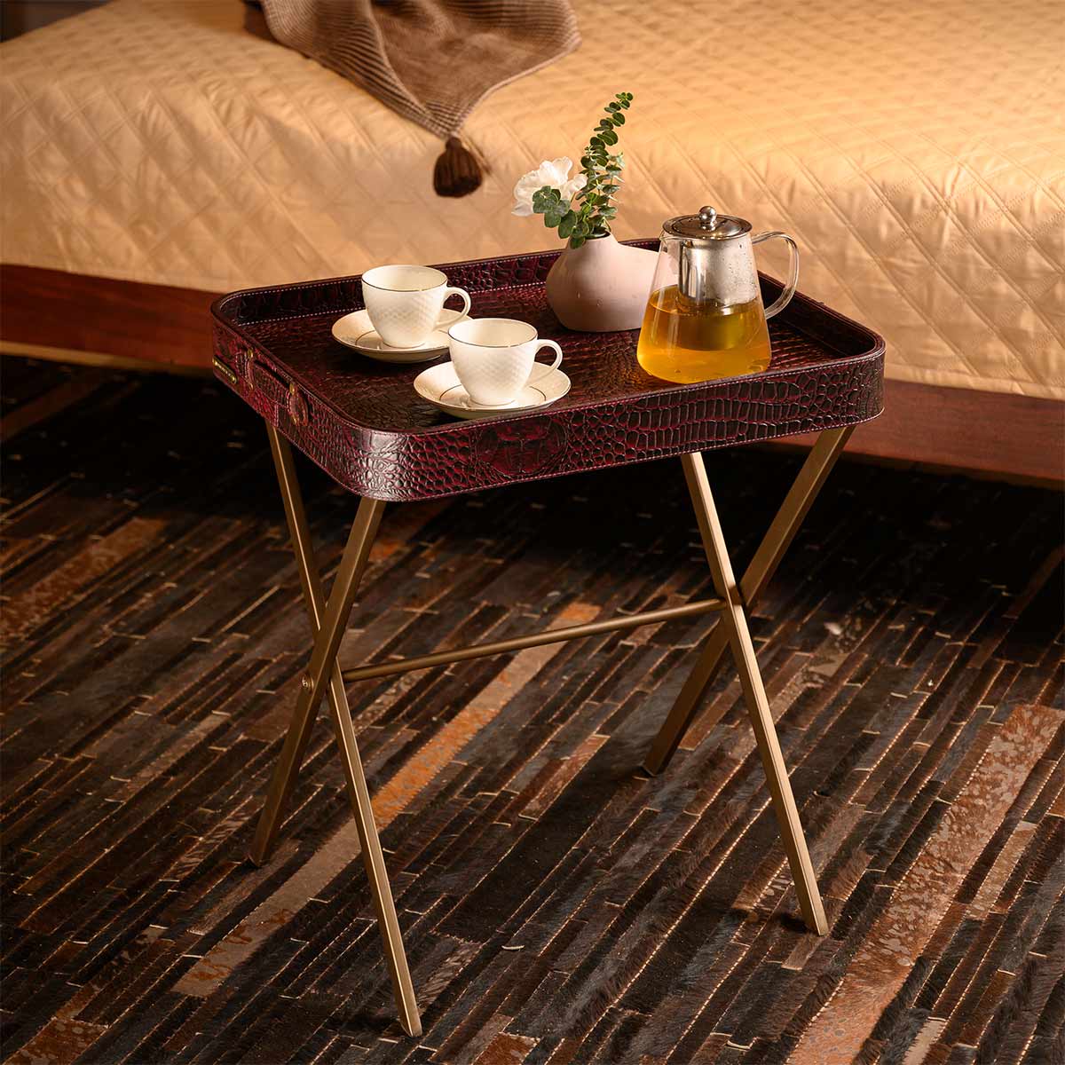 Tray On Stand Croco Burgundy - Three Sixty Life