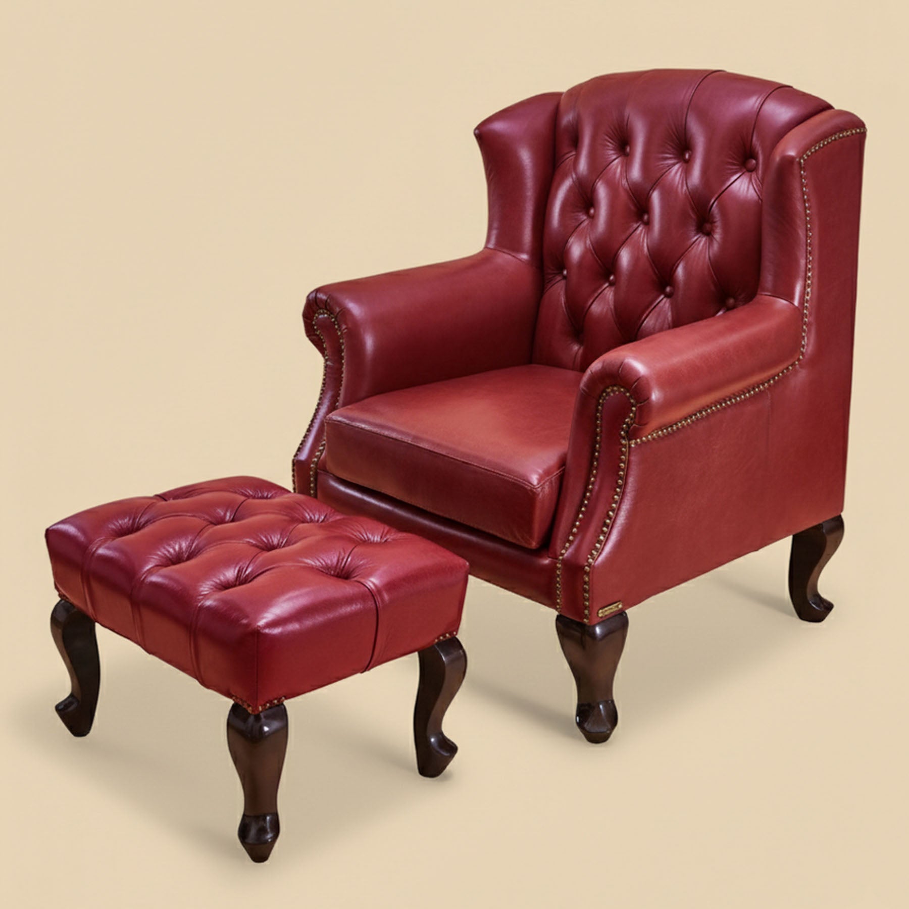 Genuine Leather Chesterfield Foot Stool Red