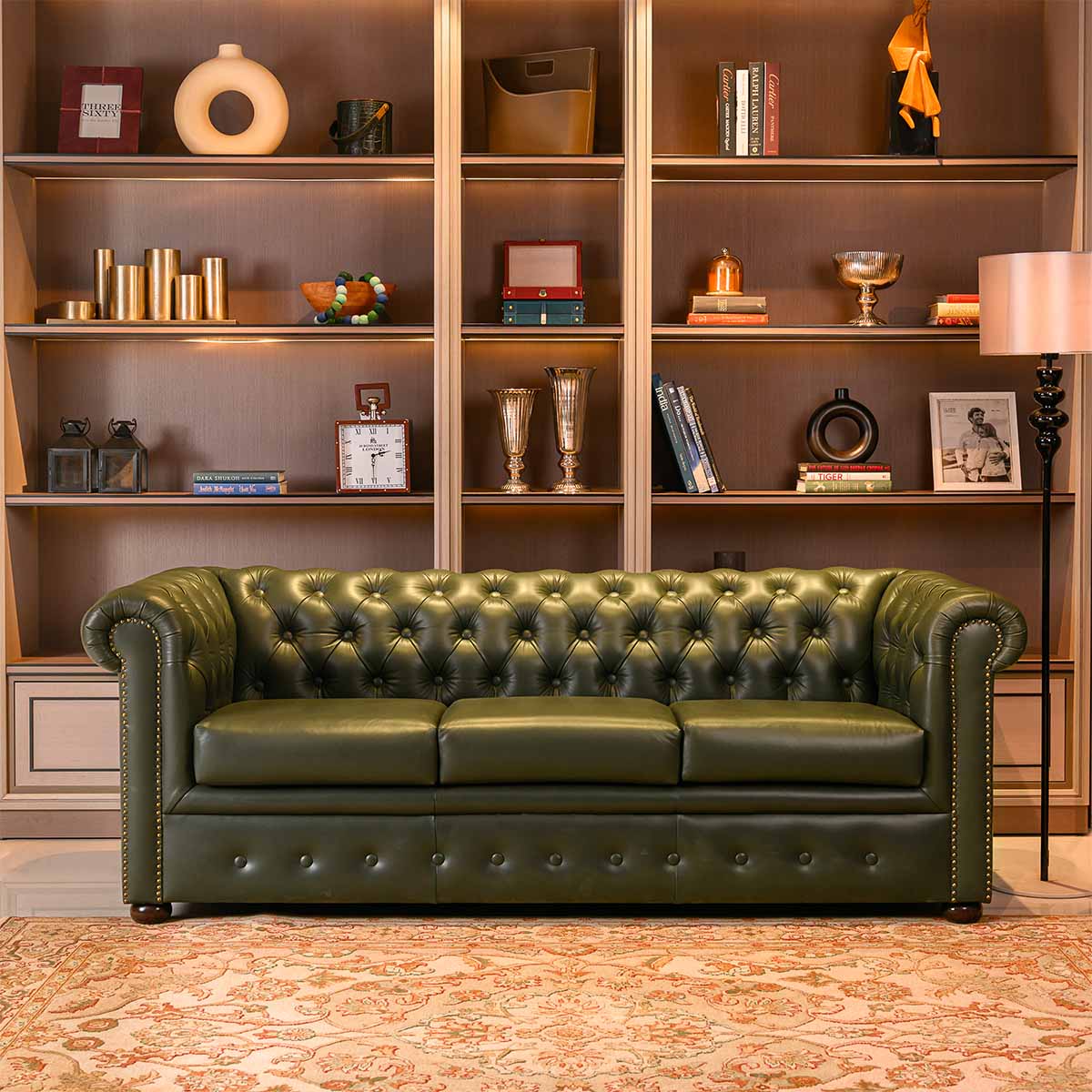 Chesterfield Leather Three Seater Sofa Green - Three Sixty Life