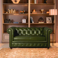 Chesterfield Genuine Leather Two Seater Sofa Olive Green