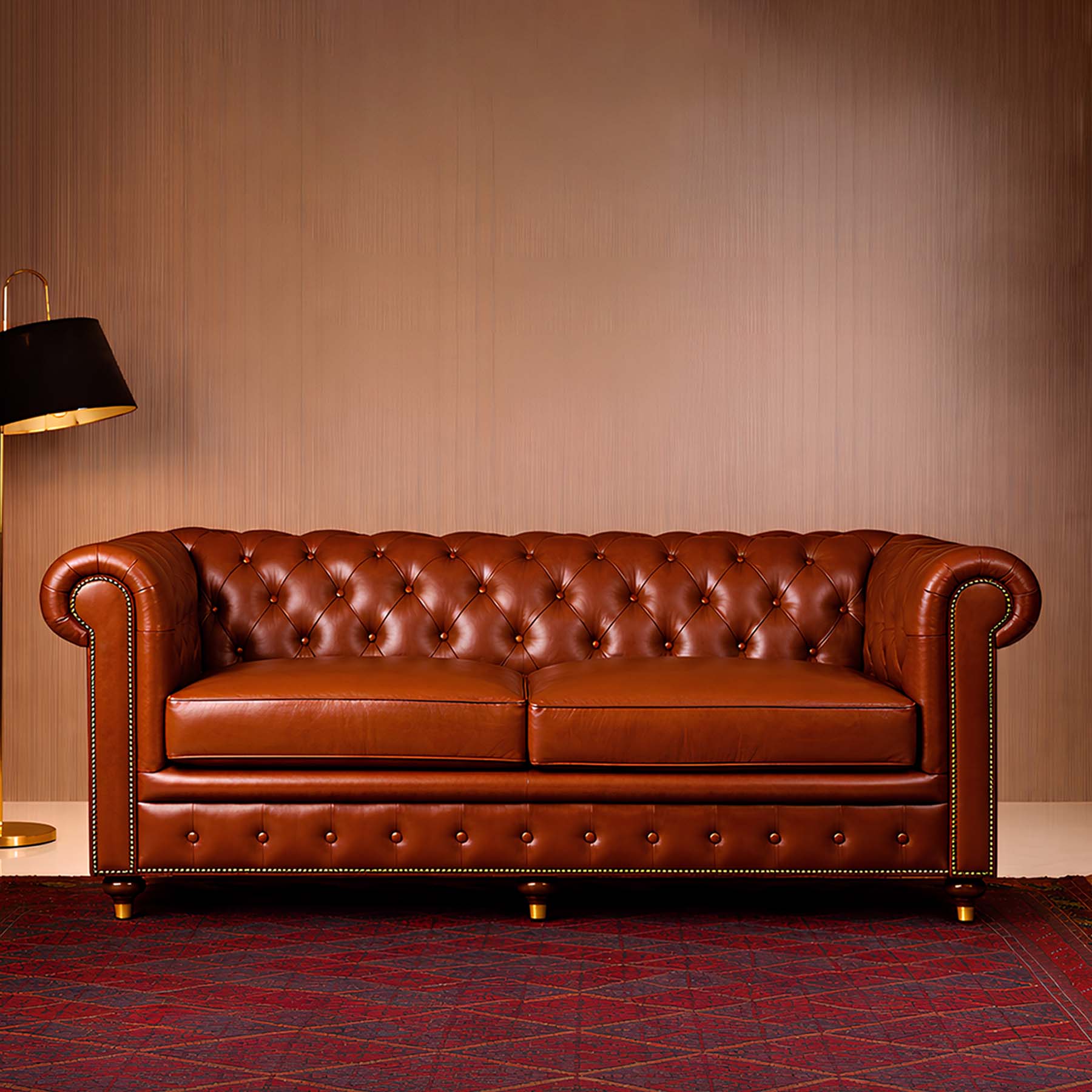 Chesterfield Genuine Leather Three Seater Sofa Cognac