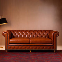 Chesterfield Genuine Leather Three Seater Sofa Cognac