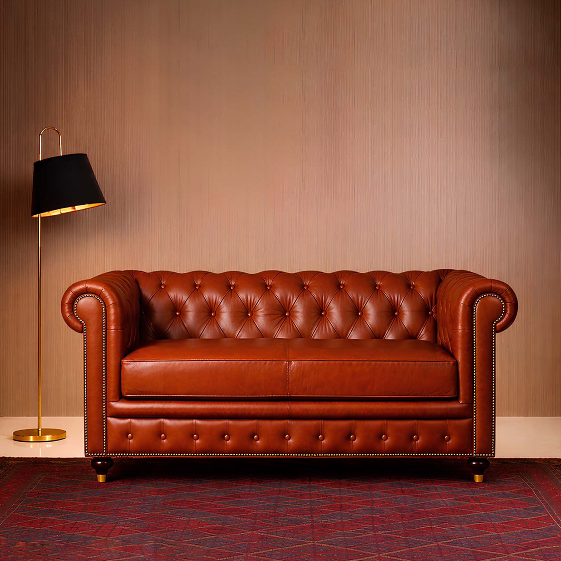 Chesterfield Genuine Leather Two Seater Sofa Cognac