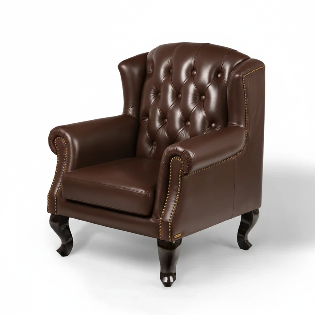 Genuine Leather Chesterfield Wing Chair Brown