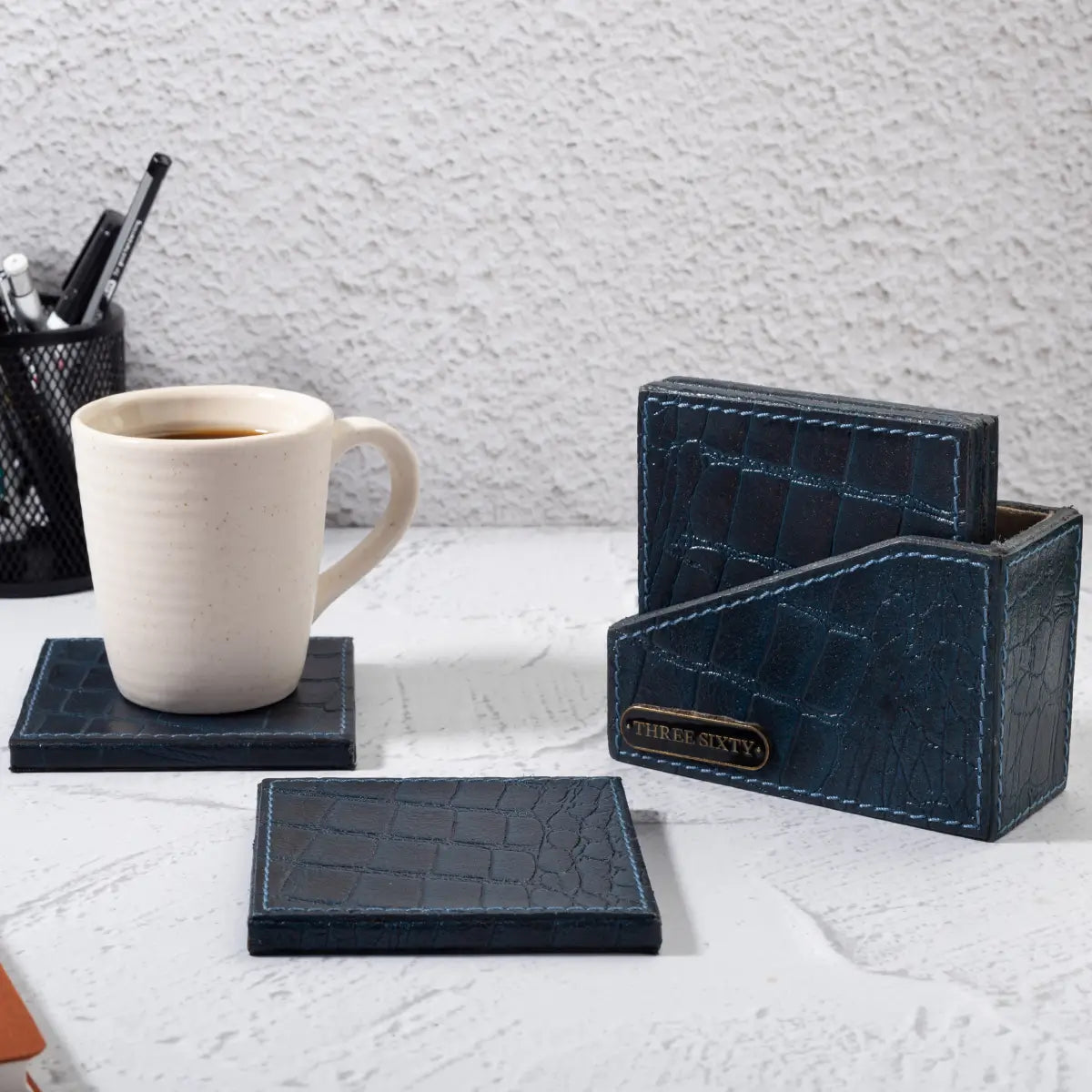 Eden Coaster Set of 4 In Genuine Croco Leather Blue