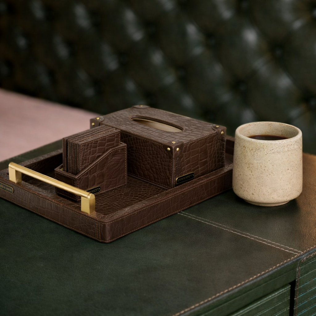 Eden Tray Set with Tissue Box & Coasters Brown