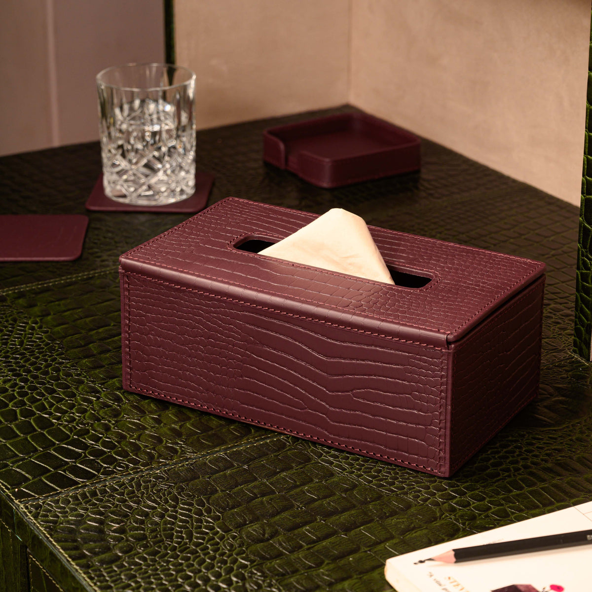 Sterling Croco Tissue Box Holder Bordeaux