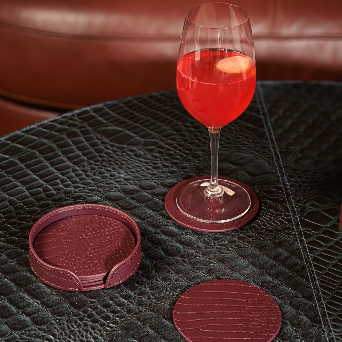 Sterling Croco Coasters Round Bordeaux