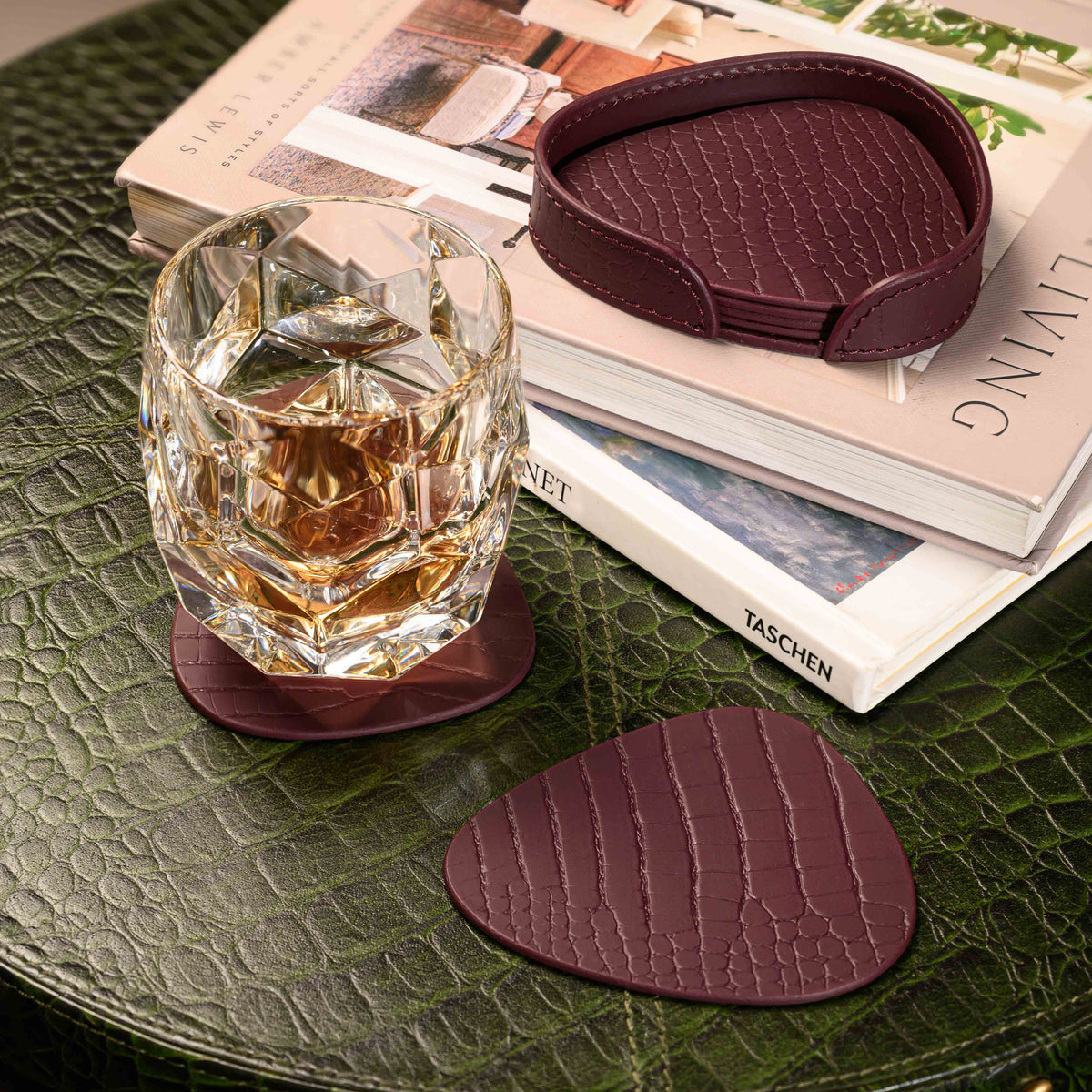 Sterling Croco Coasters Set Abstract Shape Bordeaux