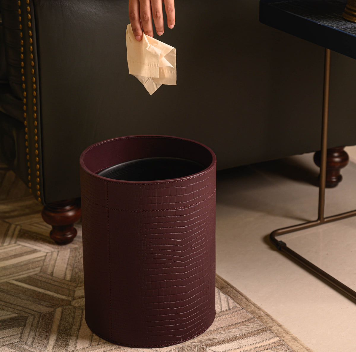 Sterling Croco Wastebin With Metal Inner Bordeaux