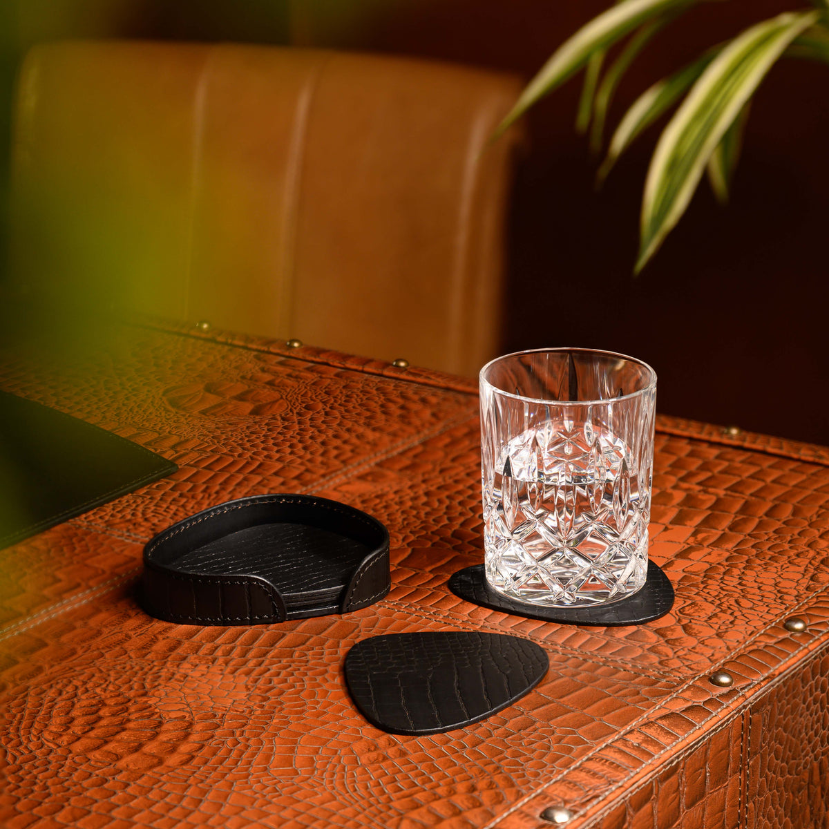 Sterling Croco Coasters Set Abstract Shape Black