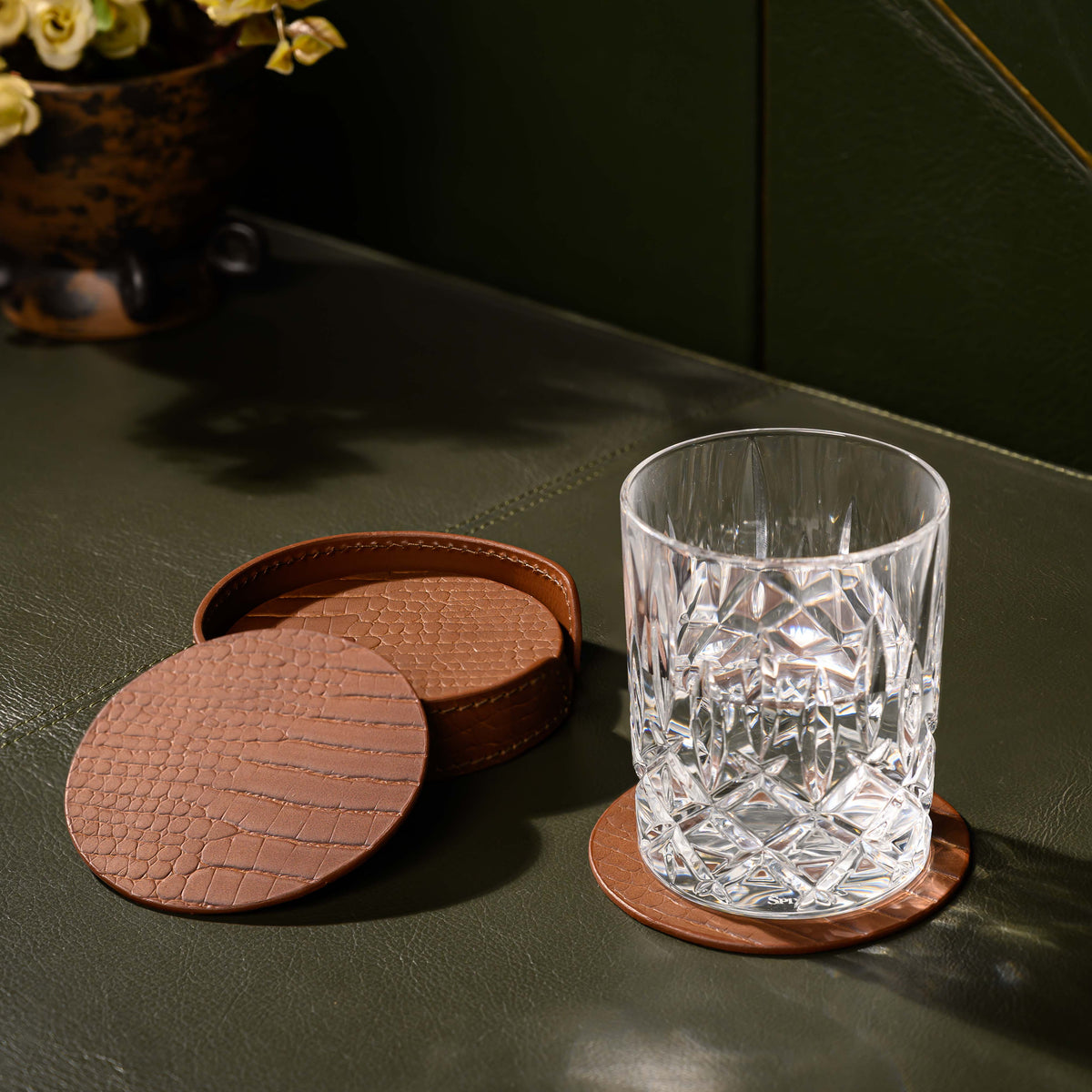 Sterling Croco Coasters Round Antique Brown