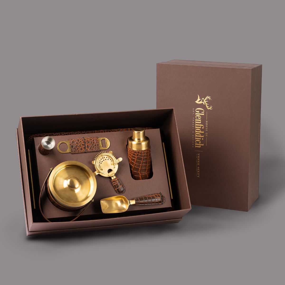 Debonair Bar Tray & Cocktail Set Metal Handle - Tan
