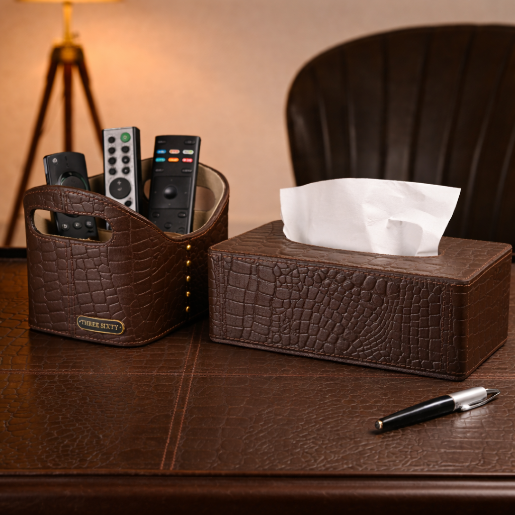 Eden Desk Organiser & Tissue Box Set Brown