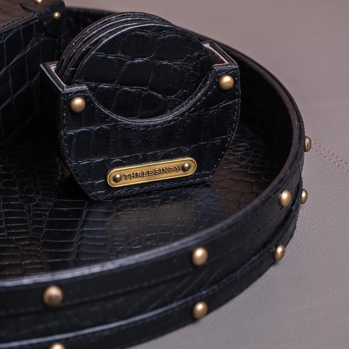 Eden Round Tray Set with Tissue Box & Coasters Black
