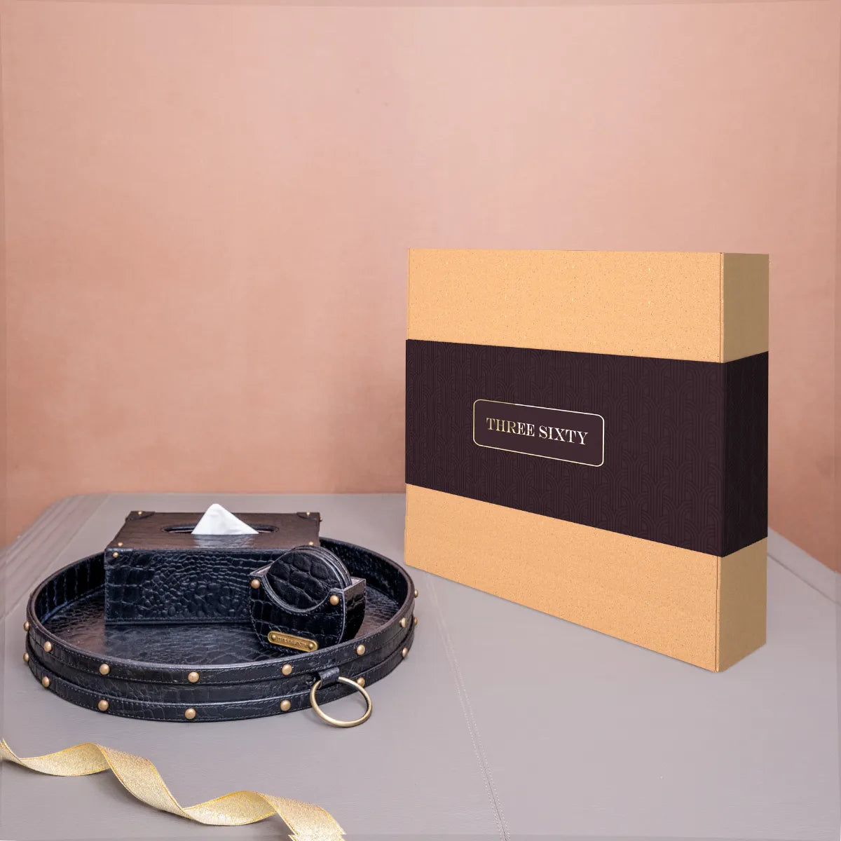 Eden Round Tray Set with Tissue Box & Coasters Black