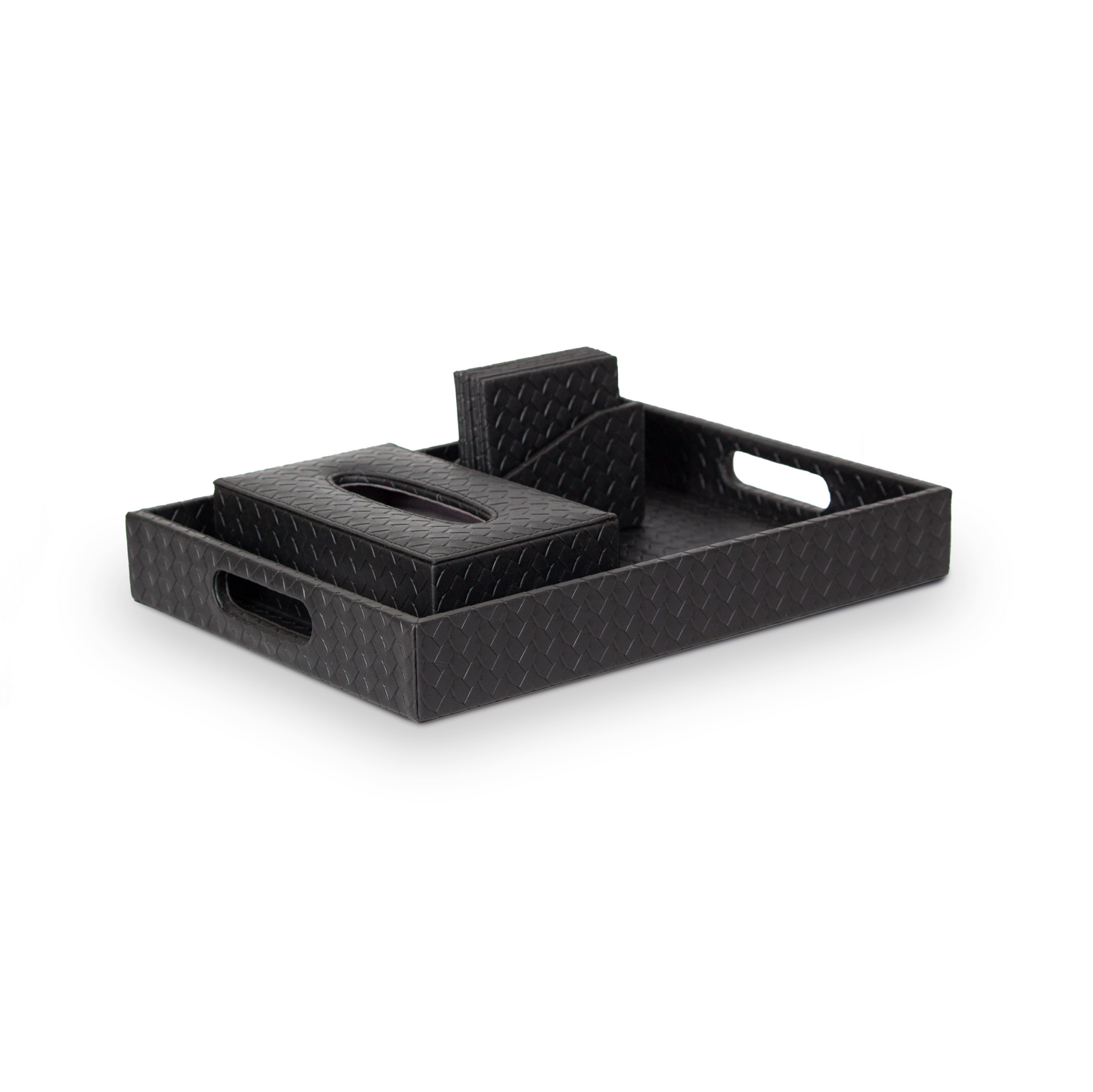 Leather Tray Set With Tissue Box & Coasters Combo (Black)