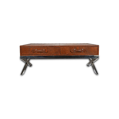 Genuine Leather Centre Table With Two Pull Out Drawers  In Tan Colour