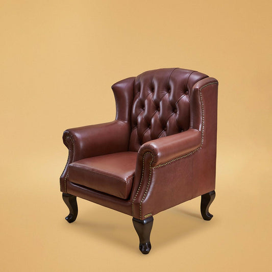 Genuine Leather Chesterfield Wing Chair In Brown Colour