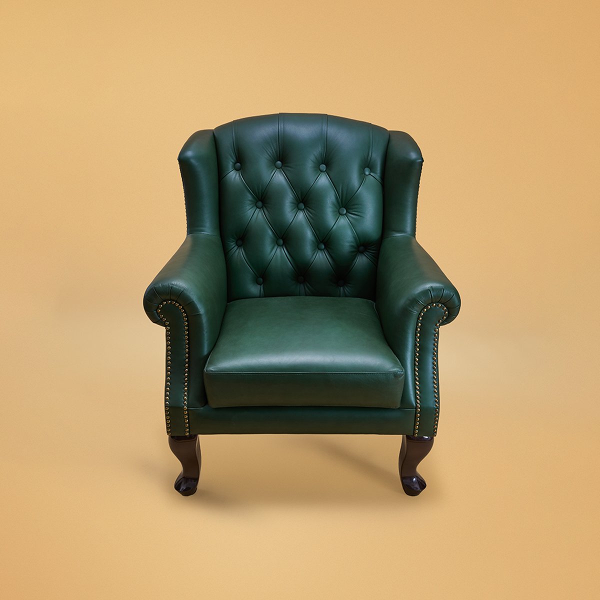 Genuine Leather Chesterfield Wing Chair In Green Colour