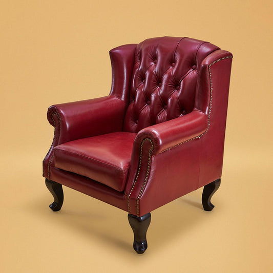 Genuine Leather Chesterfield Wing Chair In Red Colour