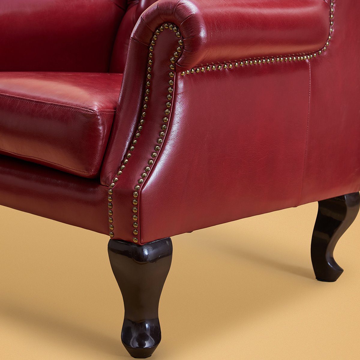 Genuine Leather Chesterfield Wing Chair In Red Colour