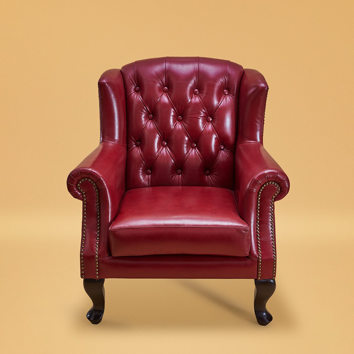 Genuine Leather Chesterfield Wing Chair In Red Colour