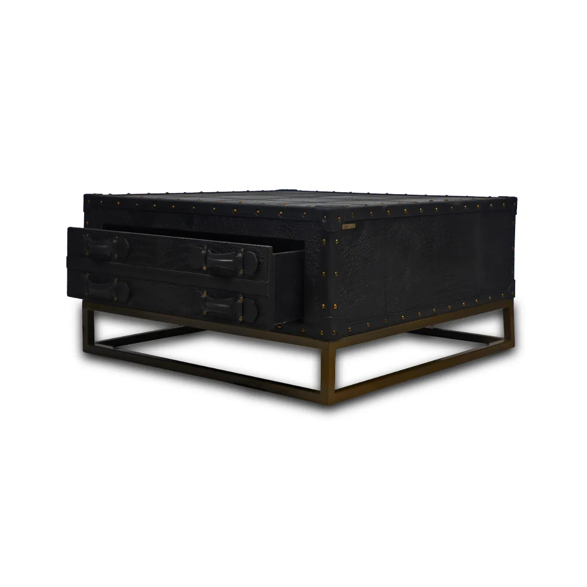 Genuine Leather Square Centre Table With Open Shelf In Black Colour