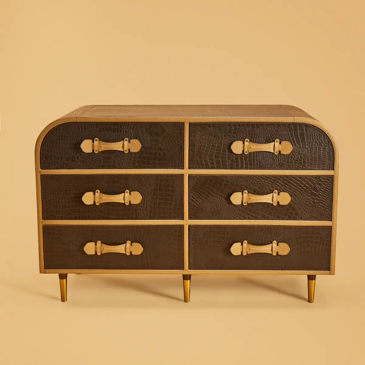 Mid-Century-Genuine Leather Chest of Six Drawers