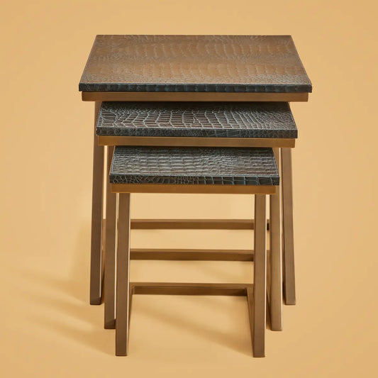 Nested Tables (Set of three)- Embossed Leather Blue