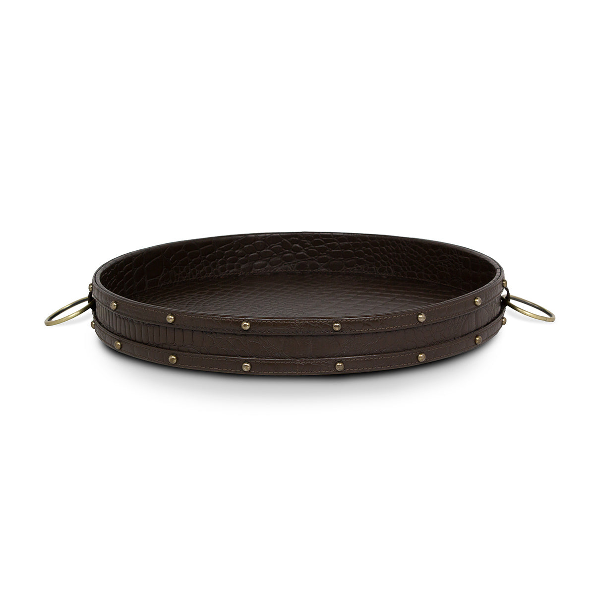 Eden Round Tray In Genuine Croco Leather Brown