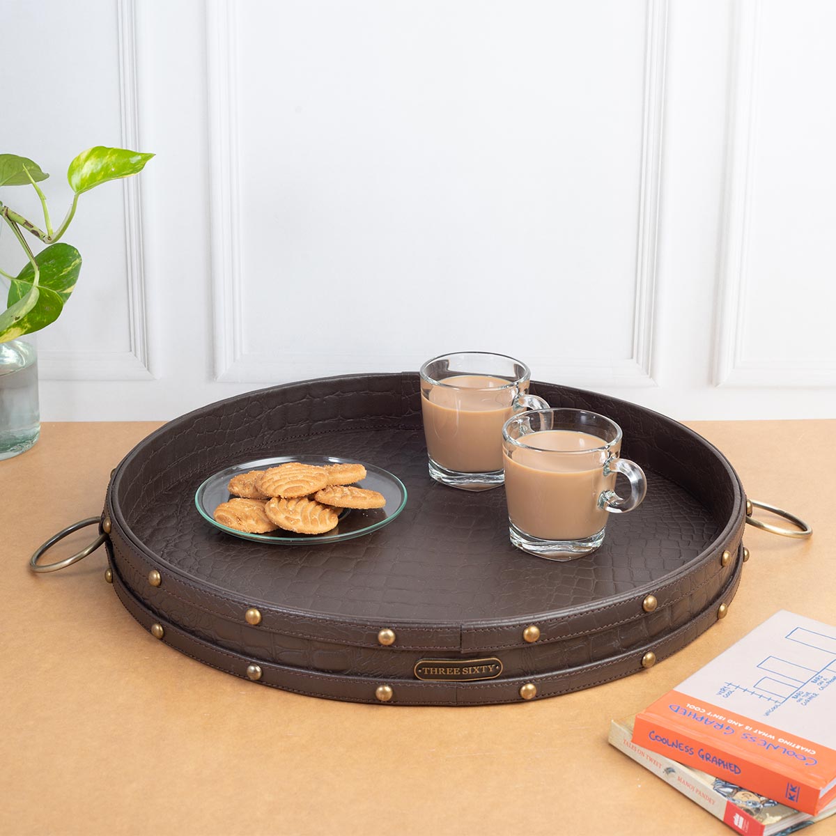 Eden Round Tray In Genuine Croco Leather Brown