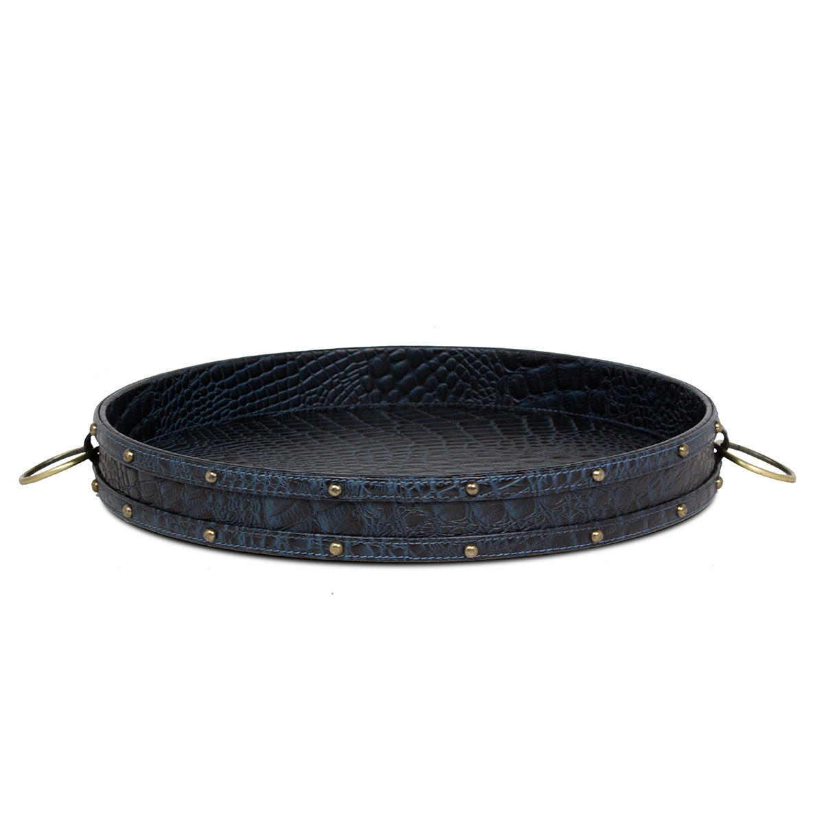 Eden Round Tray In Genuine Croco Leather Blue