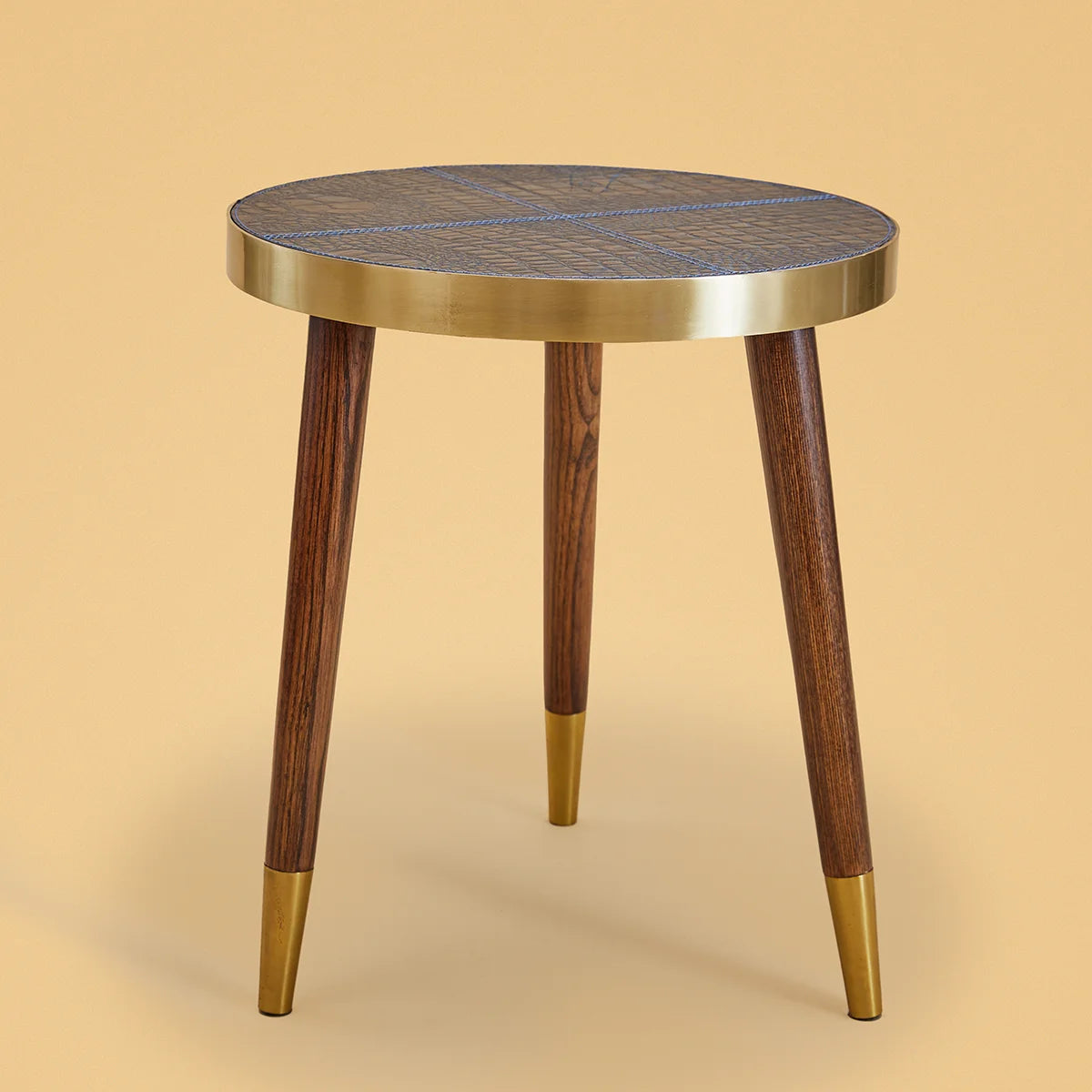 Round Side Table- Embossed Leather Blue