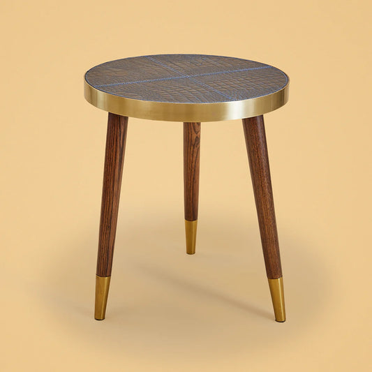 Round Side Table- Embossed Leather Blue