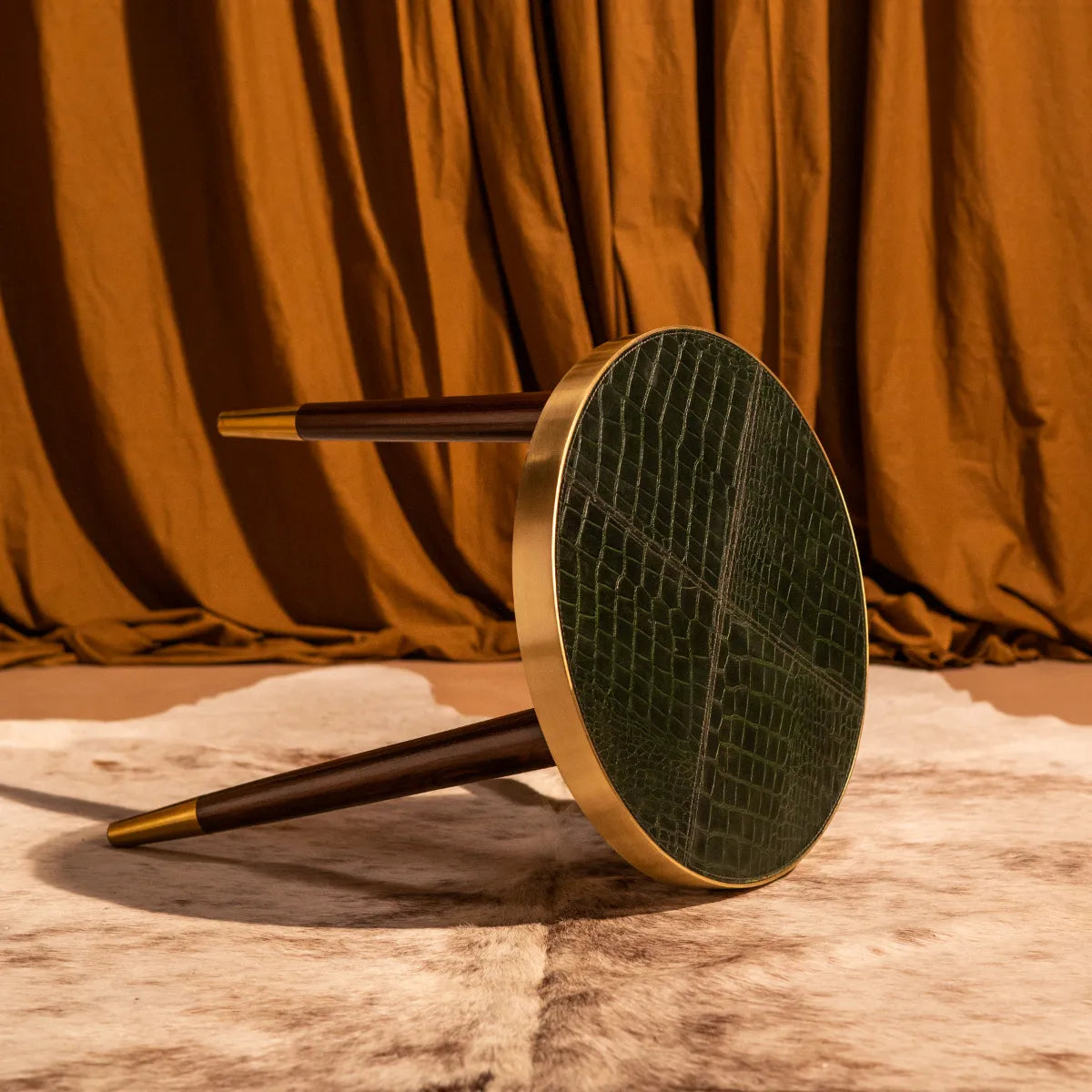 Round Side Table- Embossed Leather Green