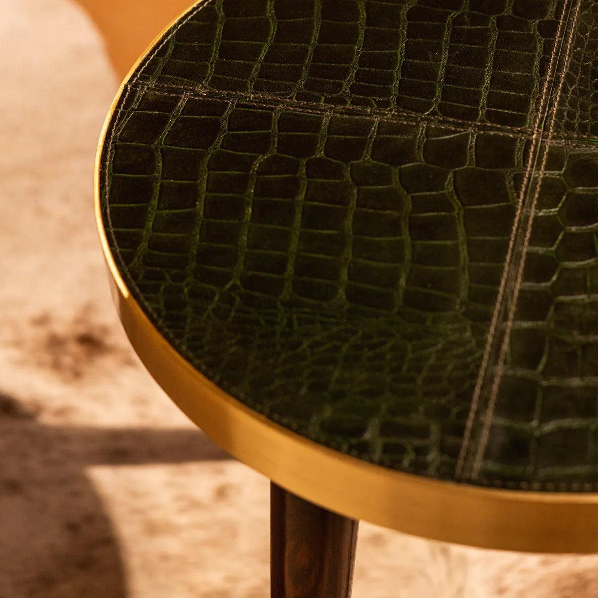 Round Side Table- Embossed Leather Green