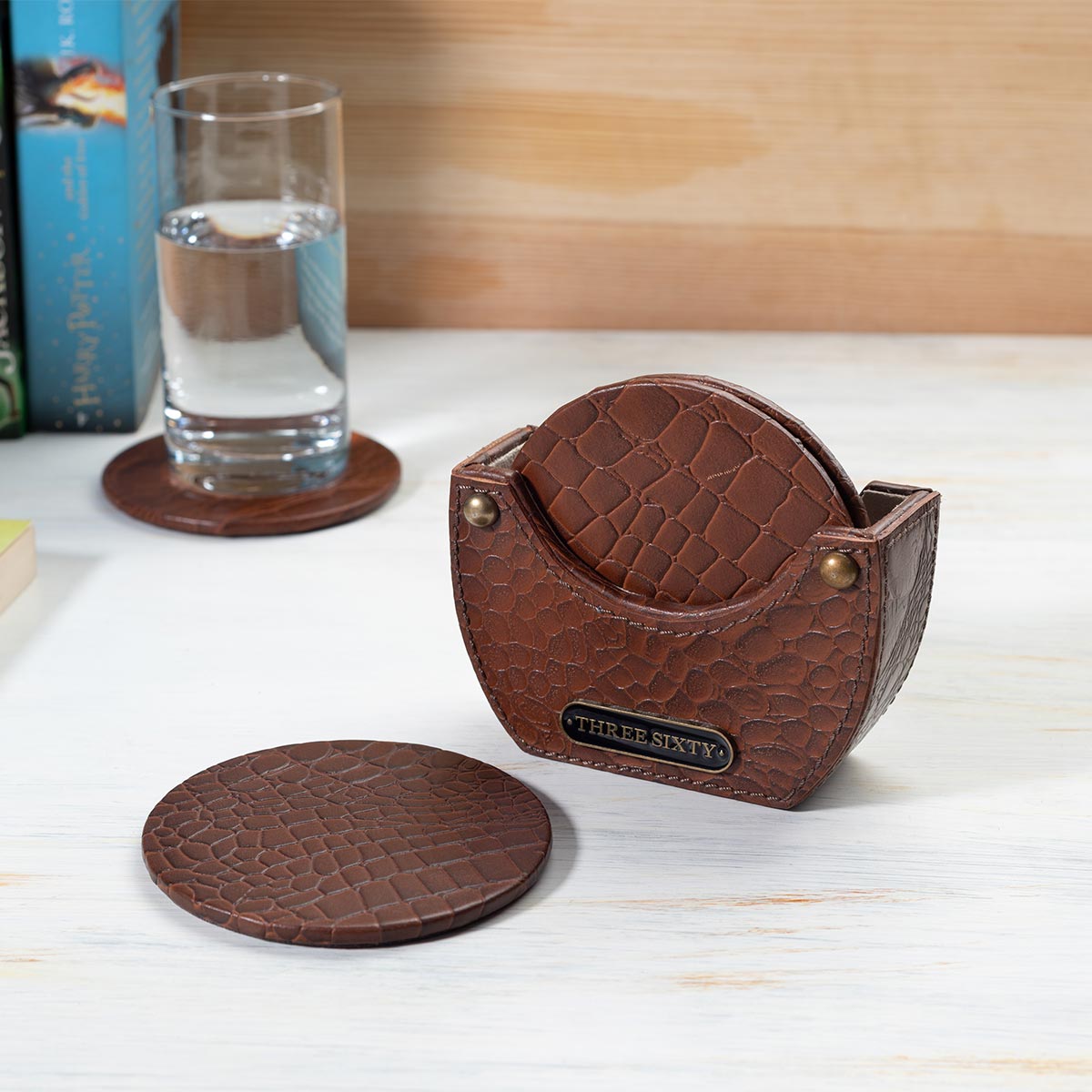 Eden Round Coaster Set of 4 In Genuine Croco Leather Tan