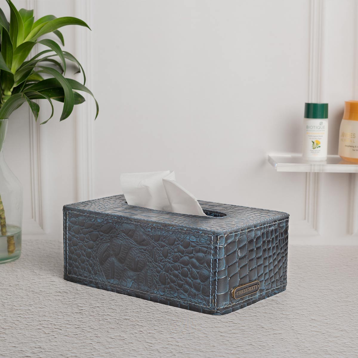Eden Tissue Box In Genuine Croco Leather Blue