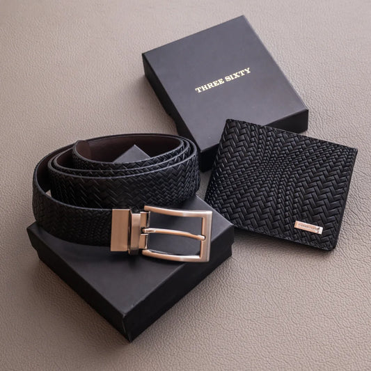 Weave Textured Belt And Wallet Combo (Black)