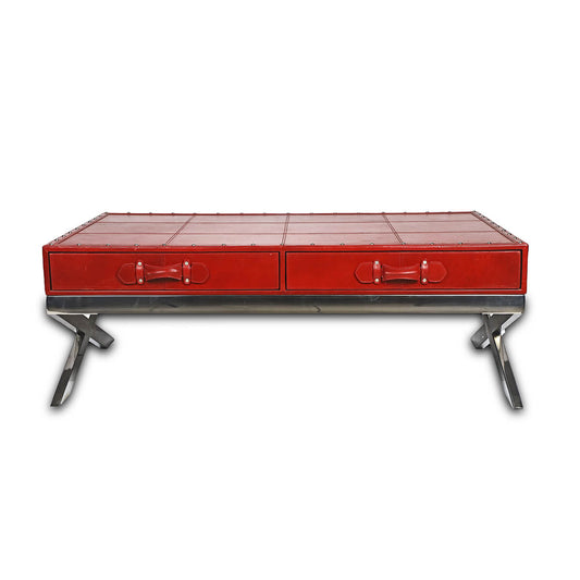Genuine Leather Centre Table With Two Pull Out Drawers In Red Colour