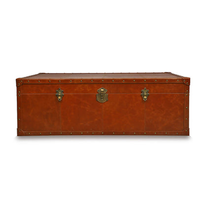 Genuine Leather Centre Table With Trunk Storage In Tan Color