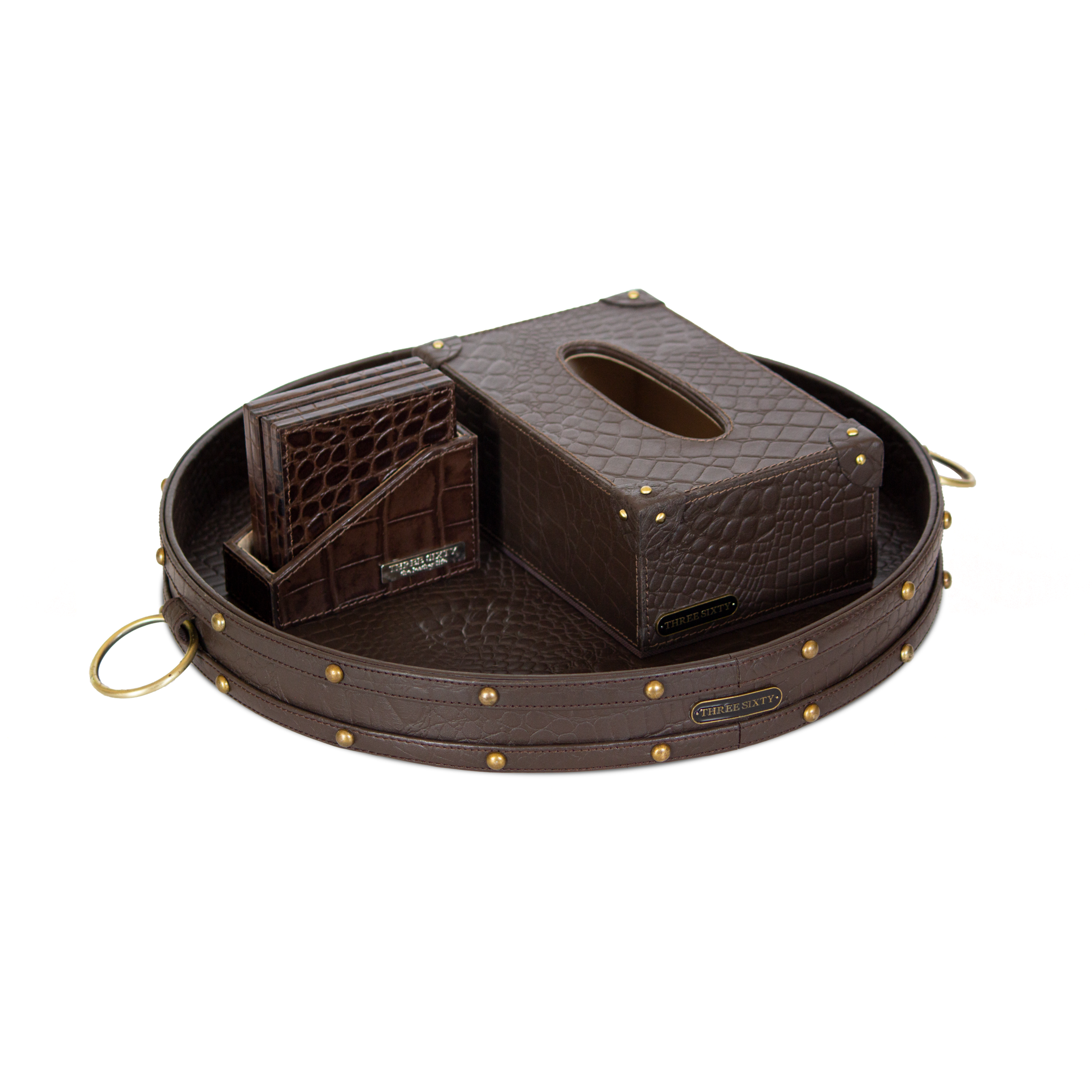 Eden Round Tray Set with Tissue Box & Coasters Brown