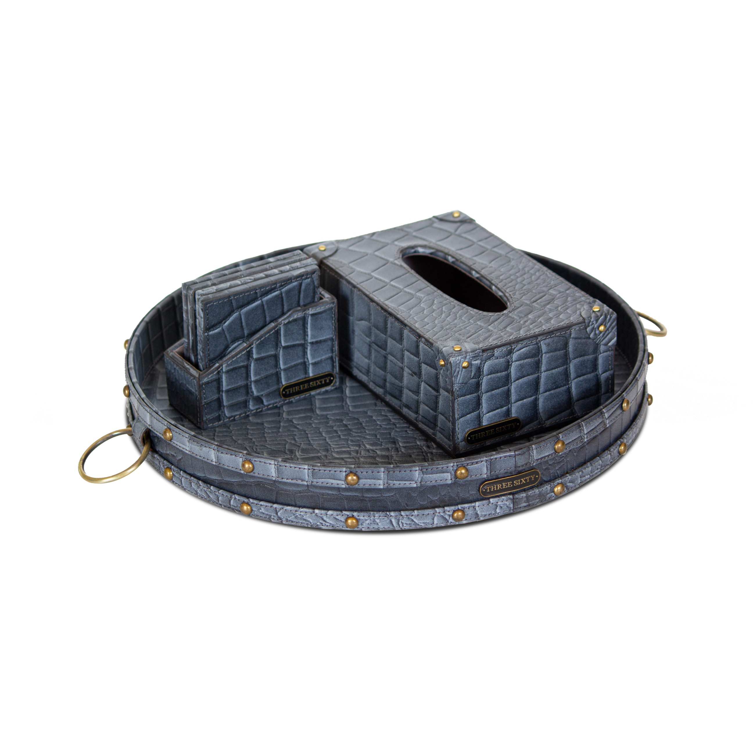 Eden Round Tray Set with Tissue Box & Coasters Grey