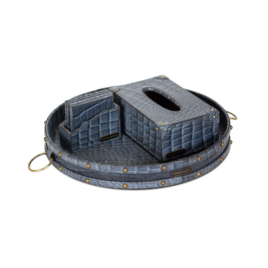 Eden Round Tray Set with Tissue Box & Coasters Grey