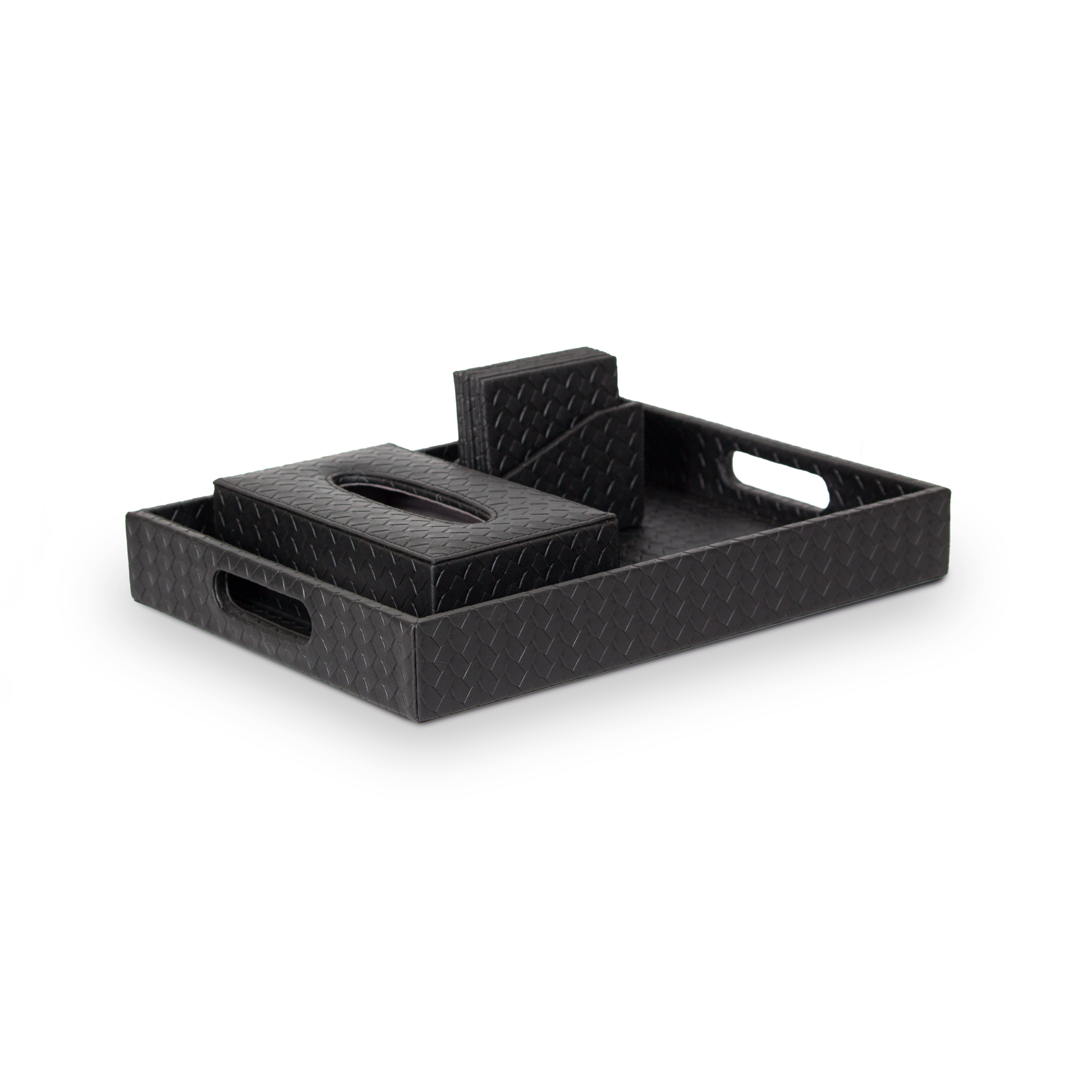 Entwine Leather Tray Set with Tissue Box & Coasters Black